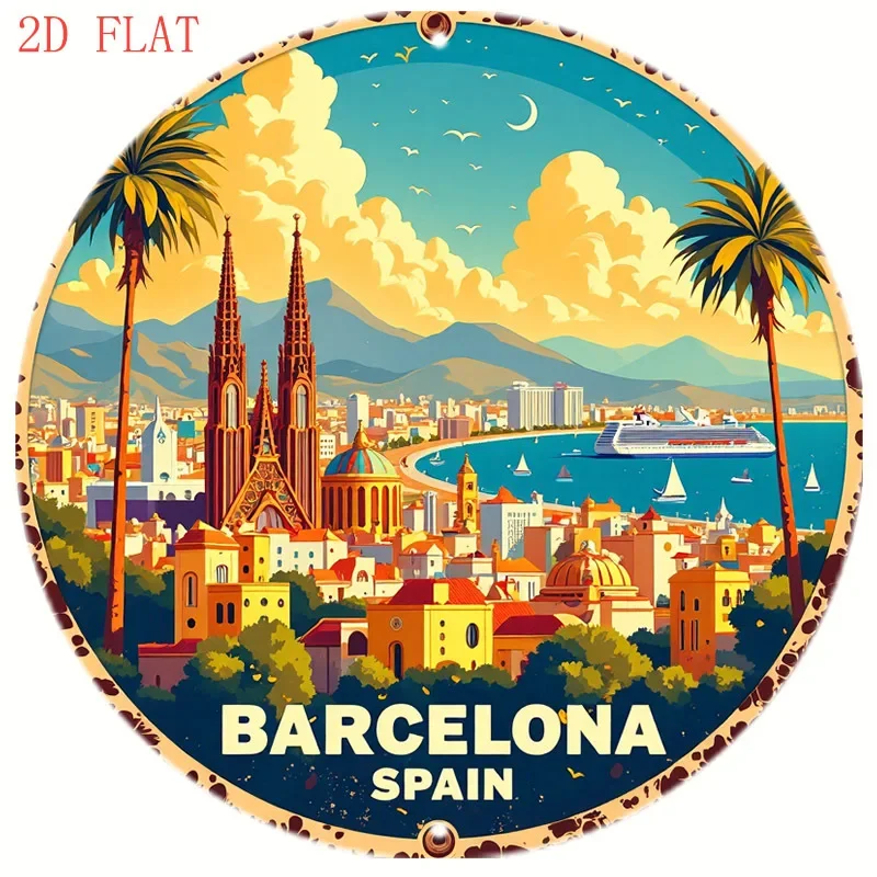 Home Barcelona - Yuvarlak 8in Barcelona İspanya Manzara Metal